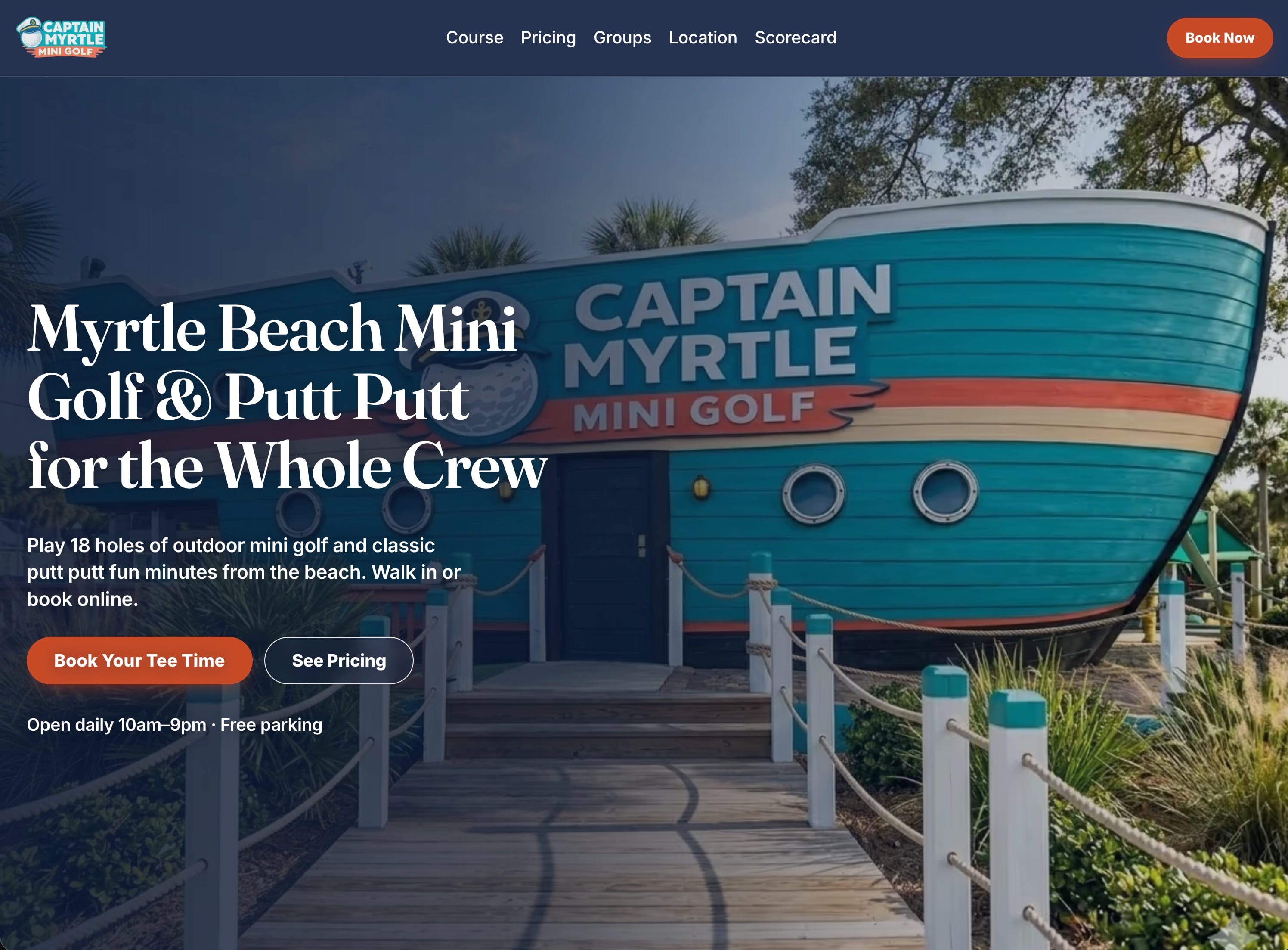 Captain Myrtle Mini Golf website homepage featuring the Myrtle Beach course and online booking