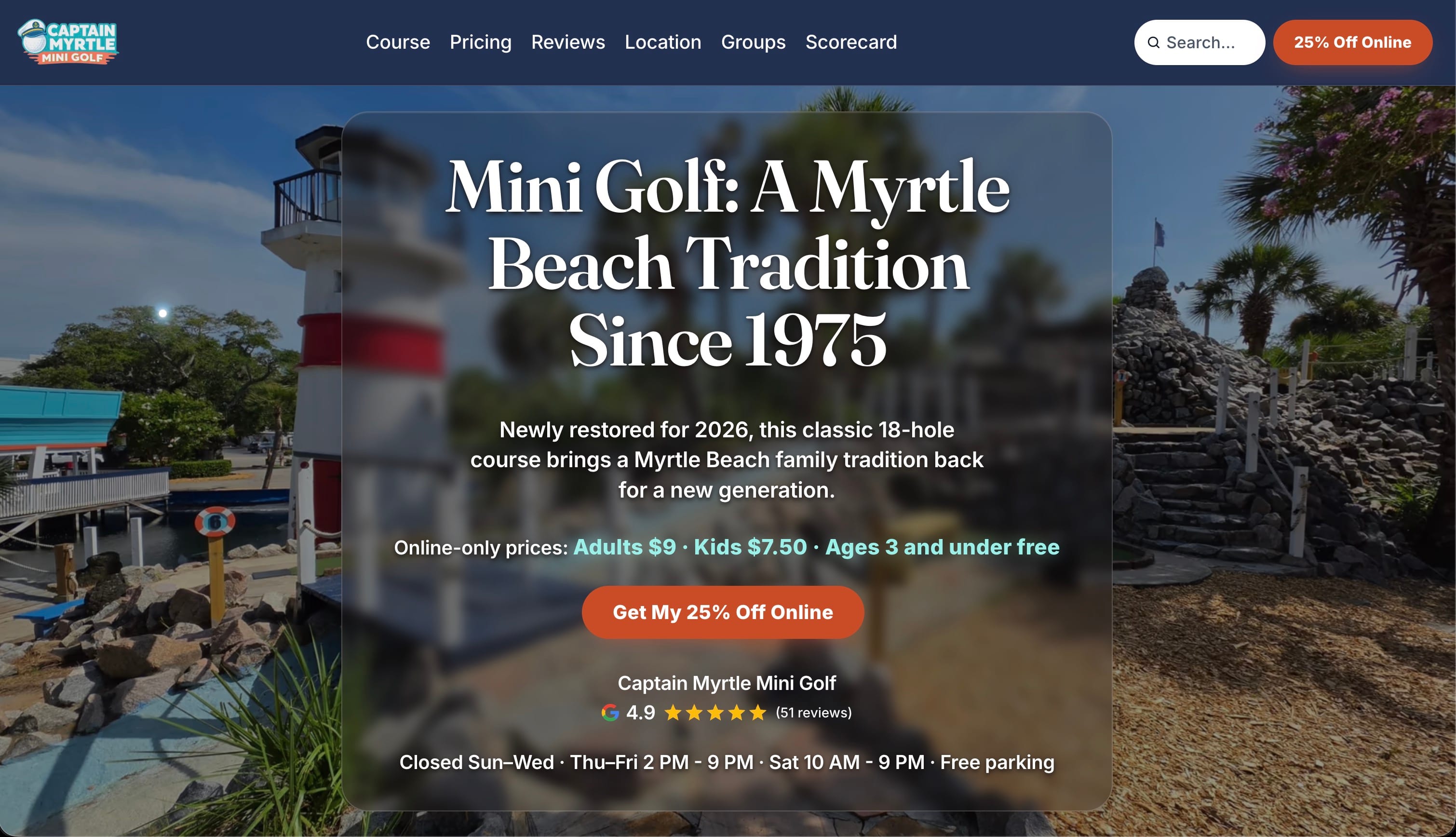 Captain Myrtle Mini Golf homepage screenshot