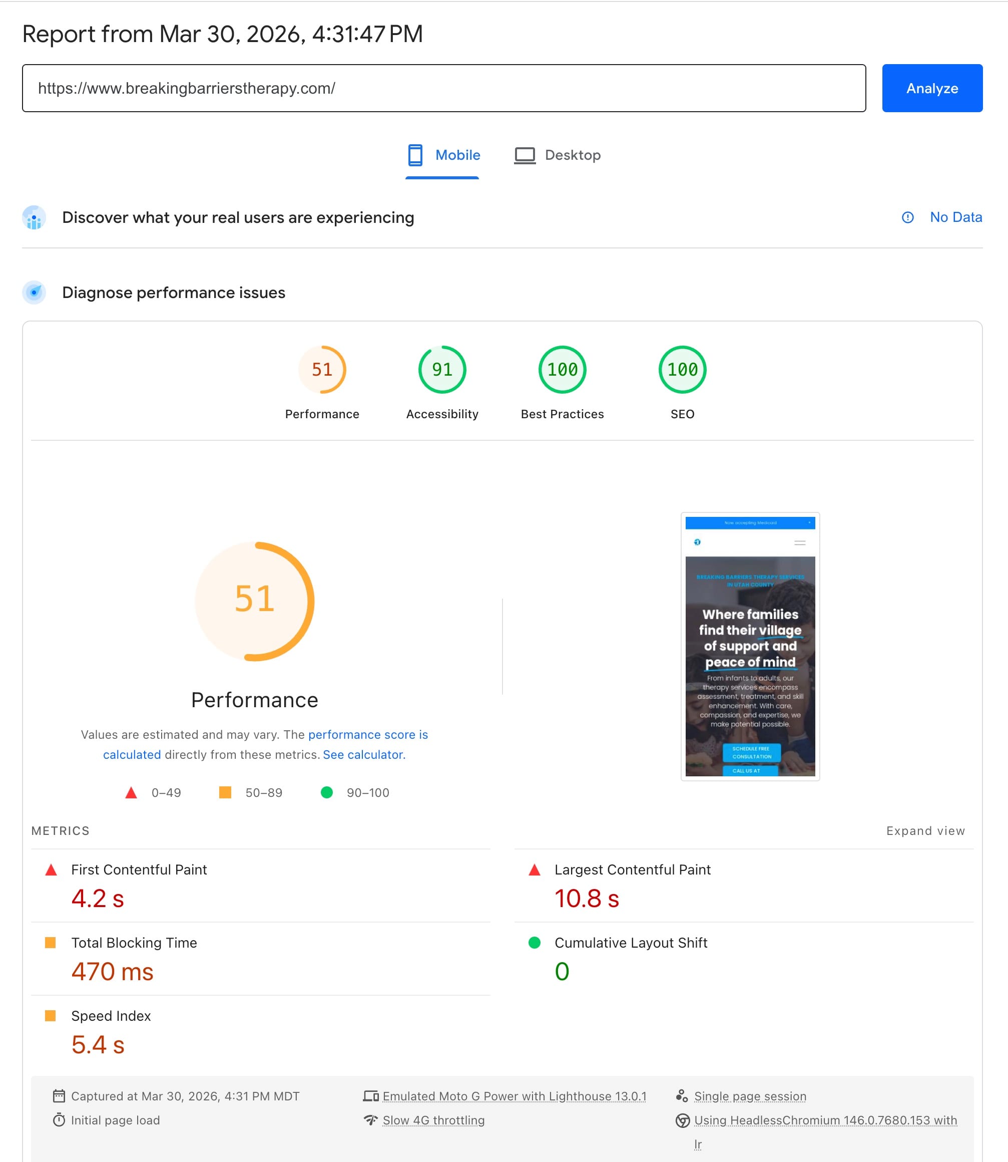 Google PageSpeed Insights test showing a lean Squarespace site optimized by Clear Presence still taking 10.8 seconds to load