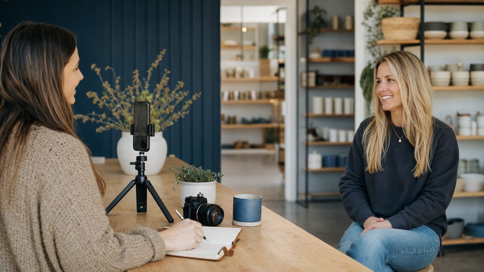 A social media content creator recording a relaxed interview with a local business owner