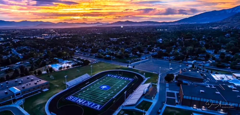 Showing view of a city in Utah County and surrounding small businesses